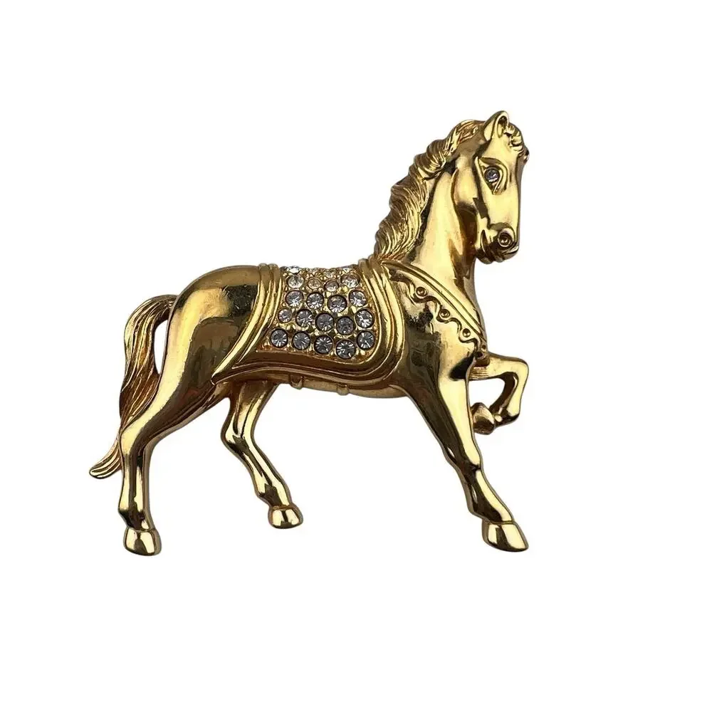 Swarovski Swan Logo Prancing Horse Clear Crystal Gold Tone Brooch